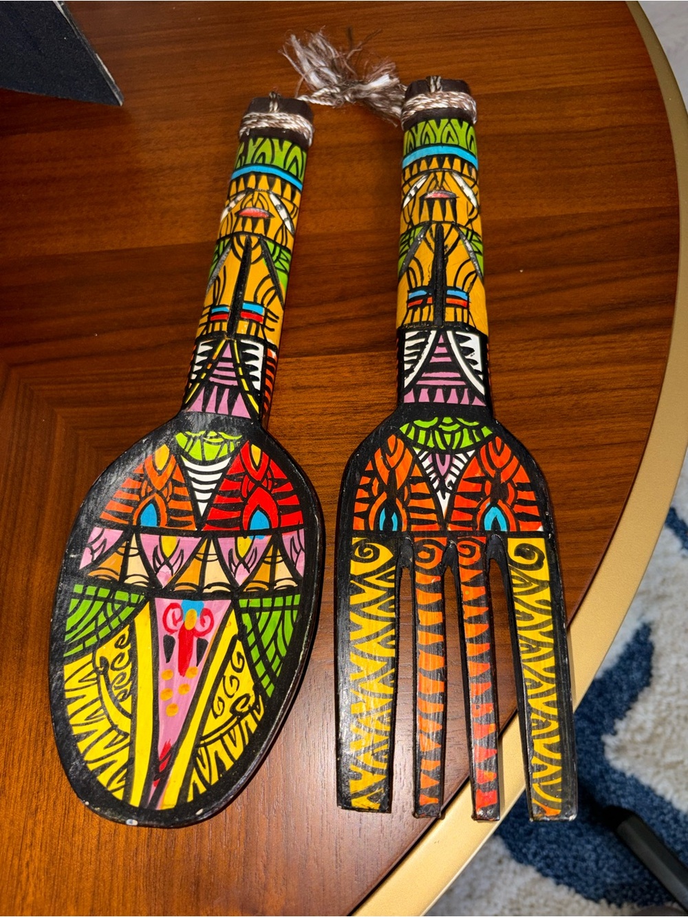 Hand-Painted Decorative Wooden Spoon and Fork Set - Multicolor